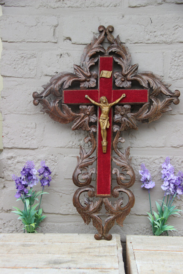 Antique German black forest wood carved crucifix cross religious