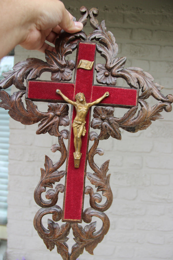 Antique German black forest wood carved crucifix cross religious