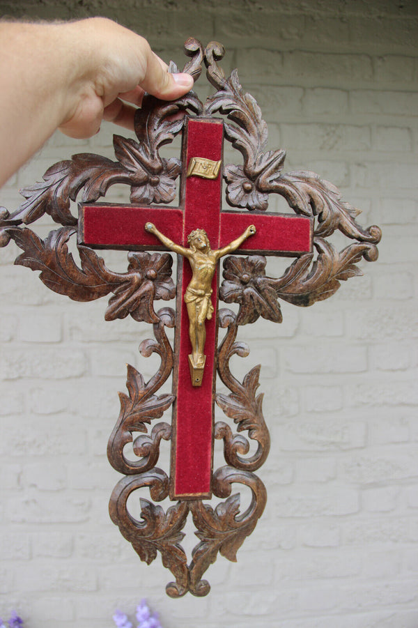 Antique German black forest wood carved crucifix cross religious