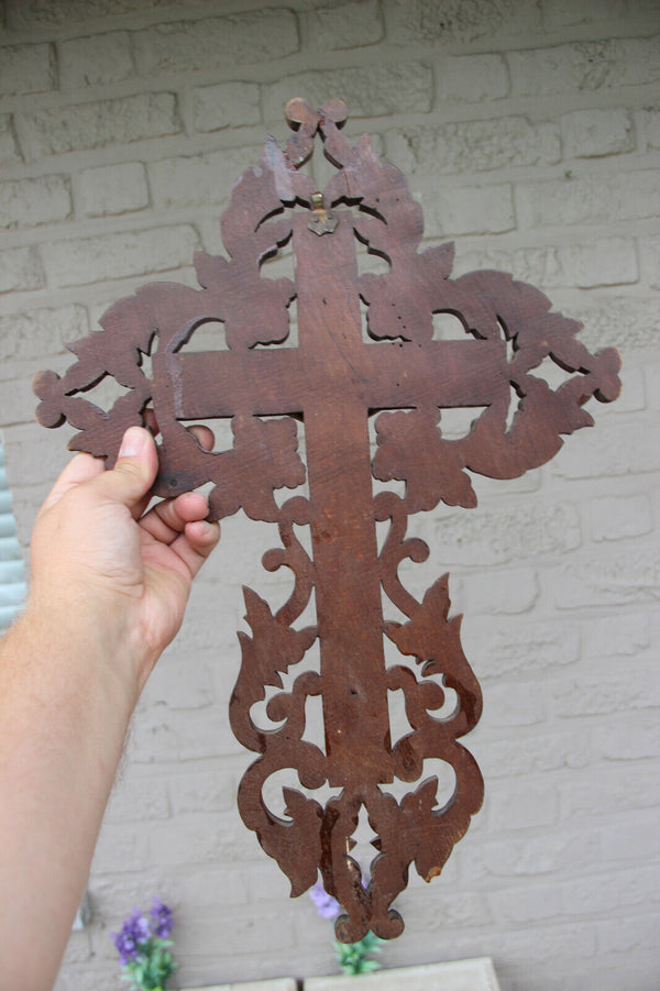 Antique German black forest wood carved crucifix cross religious