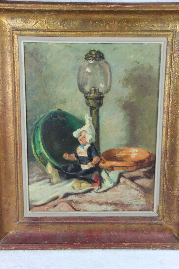 Flemish school oil canvas painting Signed artist play doll still life vintage