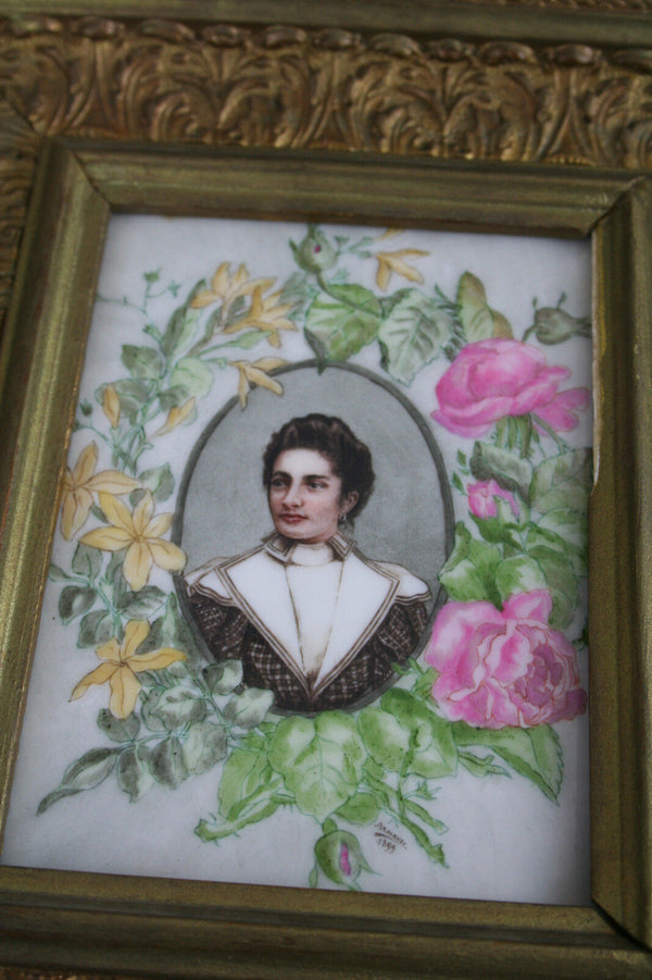 Painting oil on Porcelain Tile Plaque dated 1899 signed Lady framed