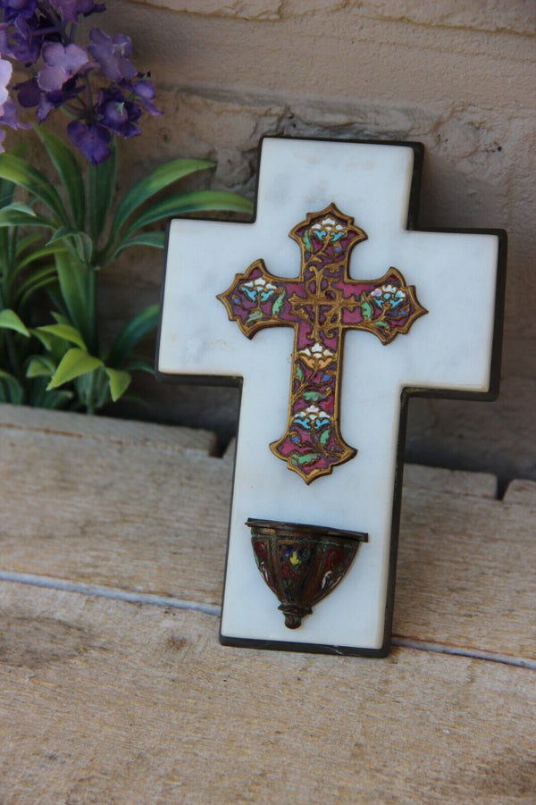 Antique French marble stone Cloisonne enamel Crucifix holy water font religious