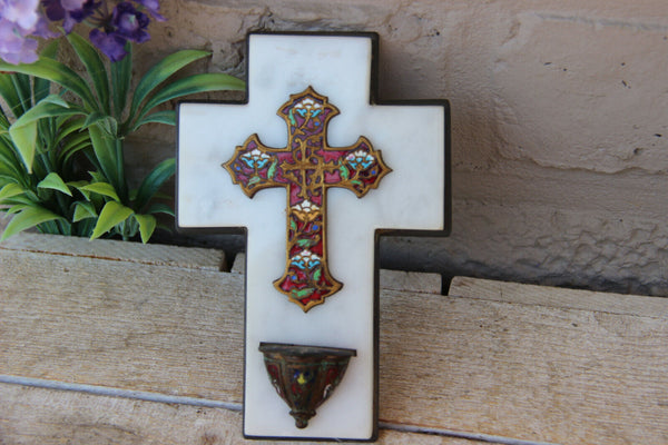 Antique French marble stone Cloisonne enamel Crucifix holy water font religious