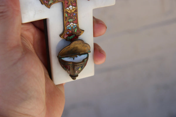 Antique French marble stone Cloisonne enamel Crucifix holy water font religious