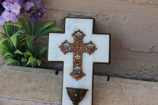 Antique French marble stone Cloisonne enamel Crucifix holy water font religious