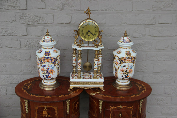 Vintage  porcelain floral clock set vases putti 1960