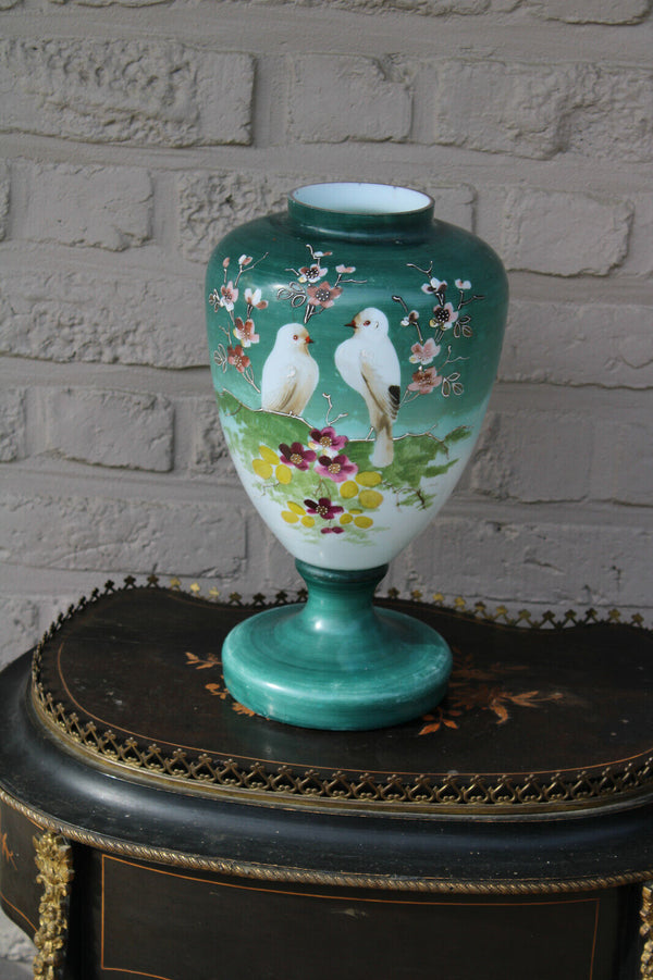 Antique french opaline glass Vase with couple birds romantic