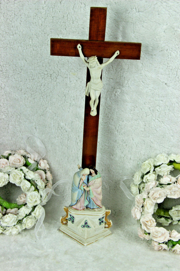 Antique Religious vieux paris  porcelain Crucifix Cross christ Mary magdalena