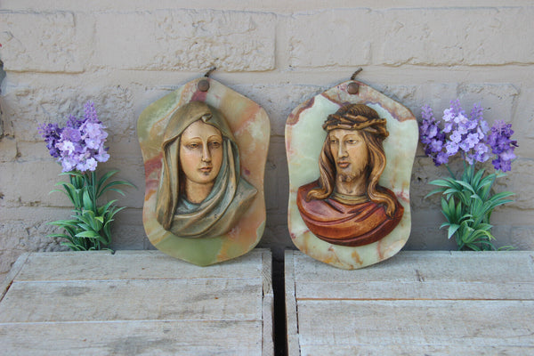 PAIR vintage italian wood carved relief madonna jesus figurine onyx plaque