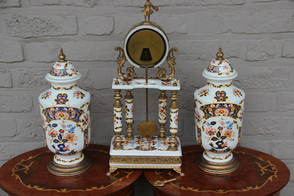 Vintage  porcelain floral clock set vases putti 1960