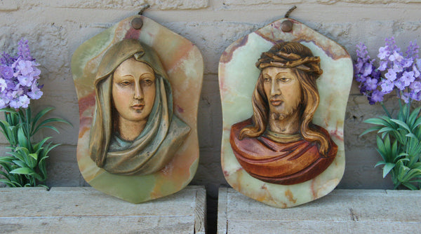 PAIR vintage italian wood carved relief madonna jesus figurine onyx plaque