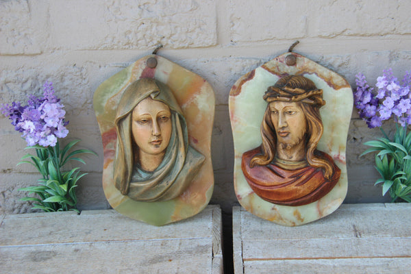 PAIR vintage italian wood carved relief madonna jesus figurine onyx plaque