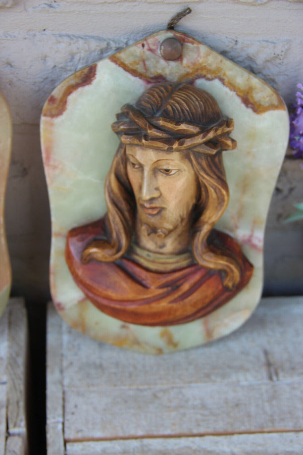 PAIR vintage italian wood carved relief madonna jesus figurine onyx plaque