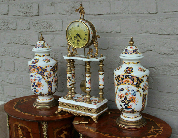 Vintage  porcelain floral clock set vases putti 1960