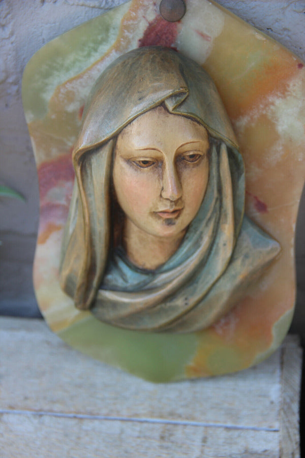 PAIR vintage italian wood carved relief madonna jesus figurine onyx plaque