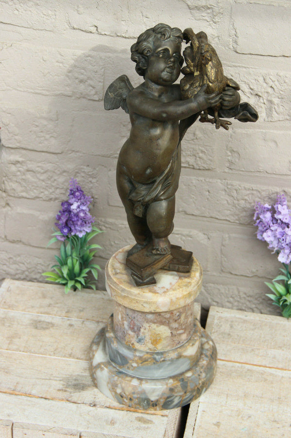 Antique 19th CLODION Signed Bronze putti angel with chicken marble base statue