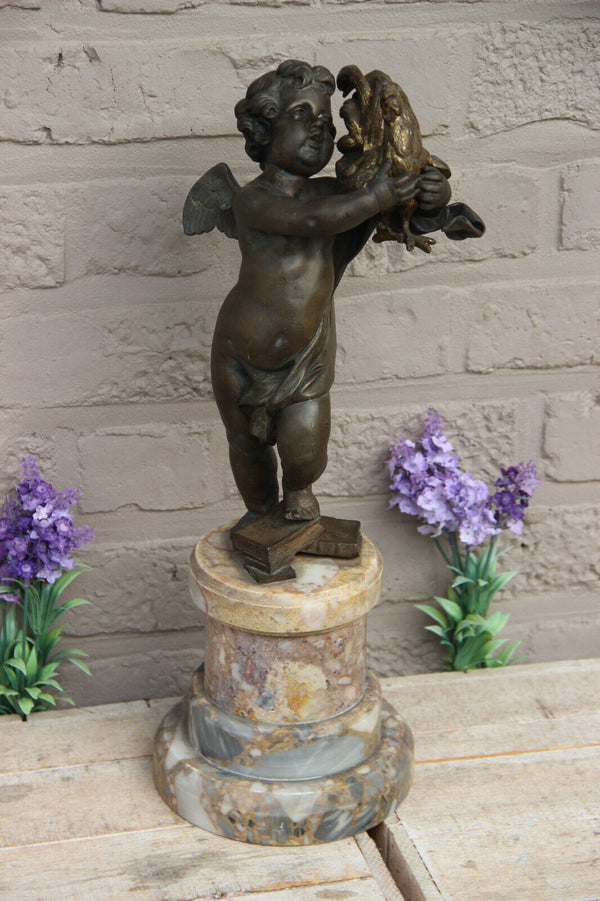 Antique 19th CLODION Signed Bronze putti angel with chicken marble base statue