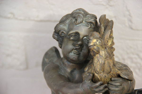 Antique 19th CLODION Signed Bronze putti angel with chicken marble base statue