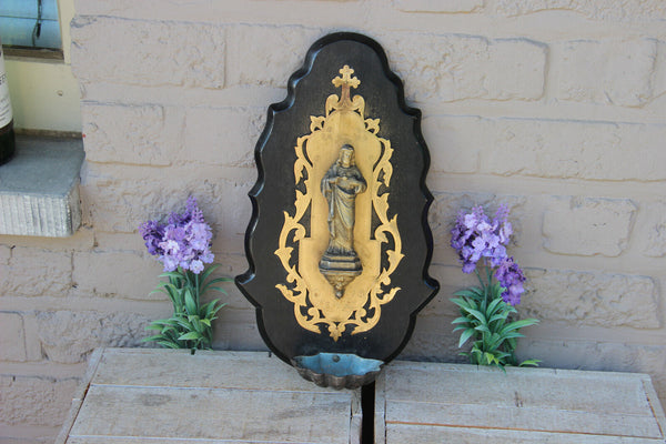 LArge antique Spelter SAcred heart christ holy water font wood plaque religious