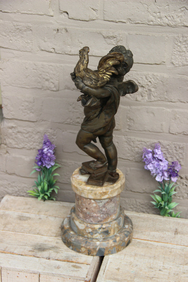 Antique 19th CLODION Signed Bronze putti angel with chicken marble base statue