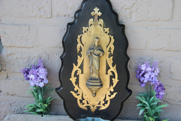 LArge antique Spelter SAcred heart christ holy water font wood plaque religious