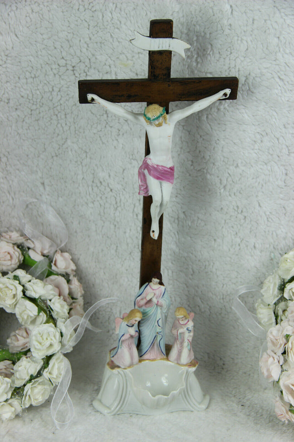 Antique Religious vieux paris  porcelain Crucifix Cross christ Angels mary