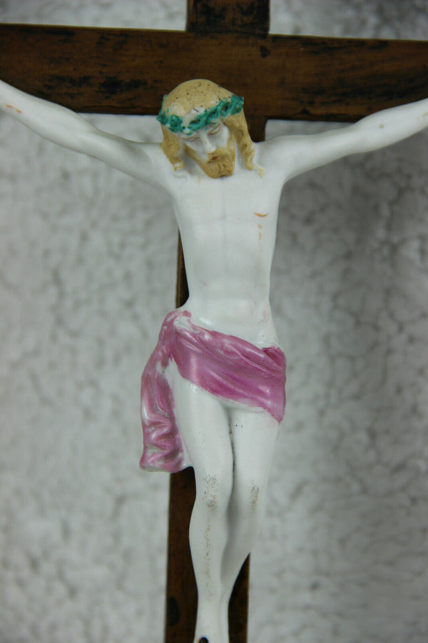 Antique Religious vieux paris  porcelain Crucifix Cross christ Angels mary