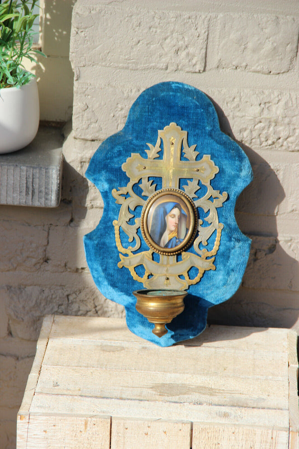 Antique French Religious holy water font porcelain medaillon madonna velvet