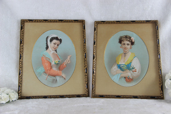 PAIR French ART NOUVEAU 1900 Watercolour painting Lady portrait Framed