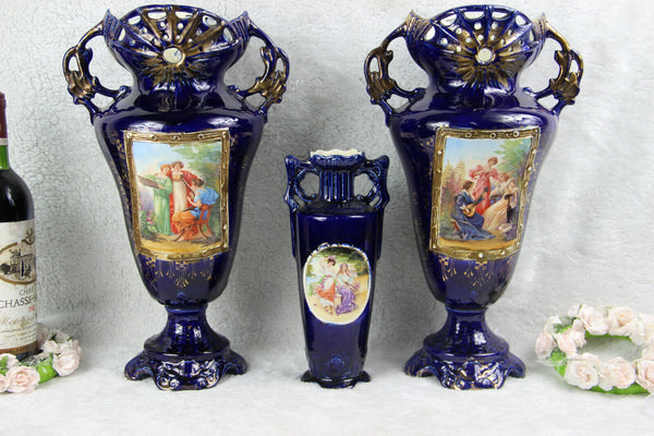 Set of 3 Austria Josef Strnact Blue ceramic porcelain Vases romantic marked 1920