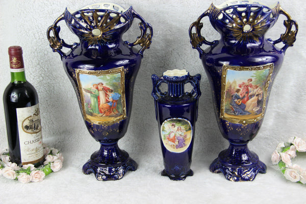 Set of 3 Austria Josef Strnact Blue ceramic porcelain Vases romantic marked 1920