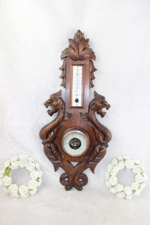 Black forest wood carved Dragon chimaera barometer