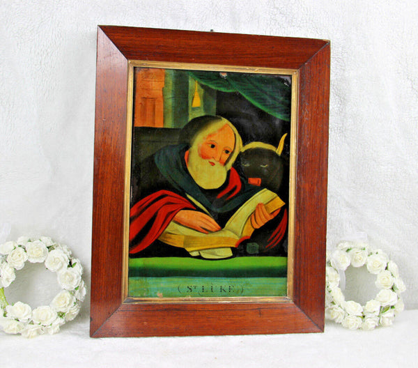 Antique 1880 religious Eglomise reversed mirror painting evangelist Luke