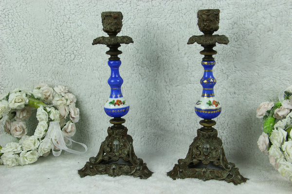 PAIR french antique Candle holders blue floral porcelain de sevres putti base