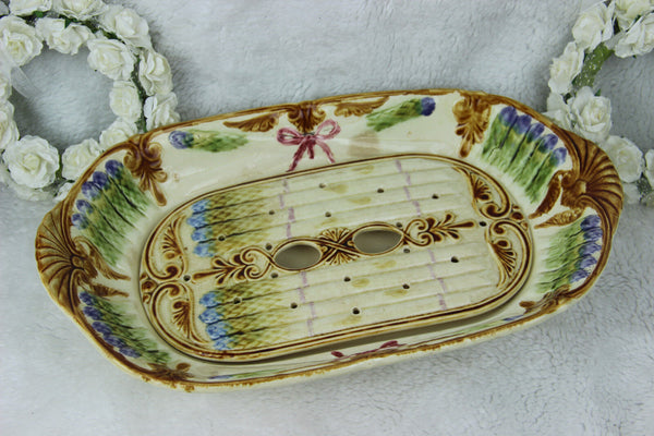 Antique French Mouzin Nimy majolica barbotine asparagus serving tray marked