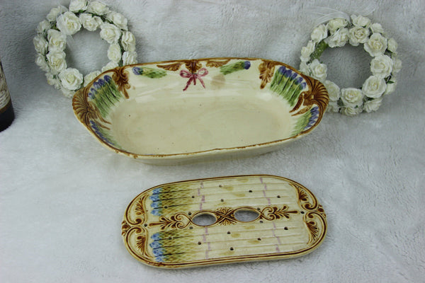 Antique French Mouzin Nimy majolica barbotine asparagus serving tray marked