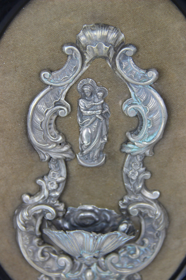 Antique French Silver Holy water font madonna Religious plaque velvet