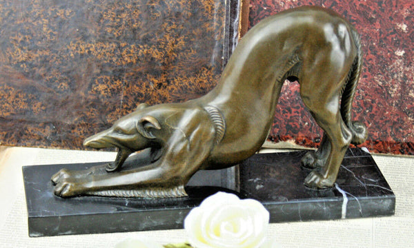 French BRONZE ART DECO signed CARVIN Stamped Greyhoud Whippet marble base