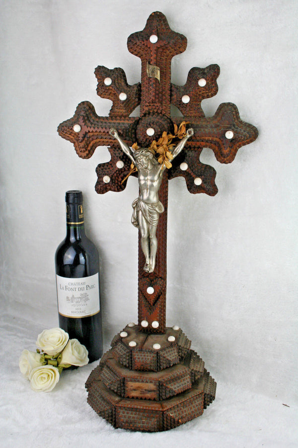 Antique XL  French 1900 Tramp art folkloric handwork crucifix religious