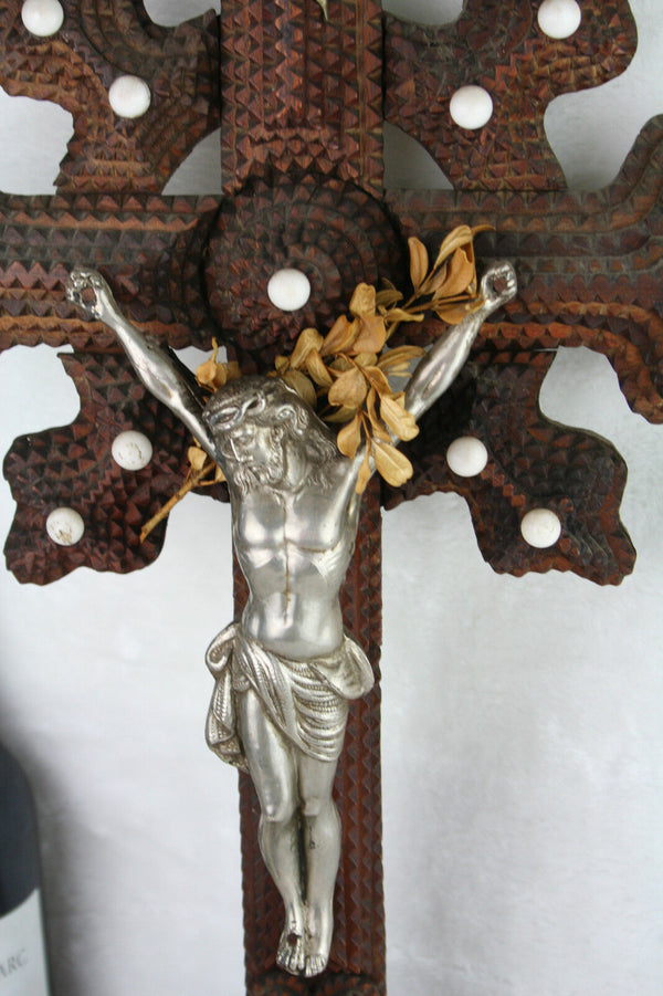 Antique XL  French 1900 Tramp art folkloric handwork crucifix religious