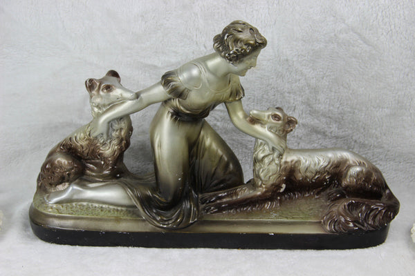 ART DECO Belgian chalkware lady with dogs sculpture statue 1930