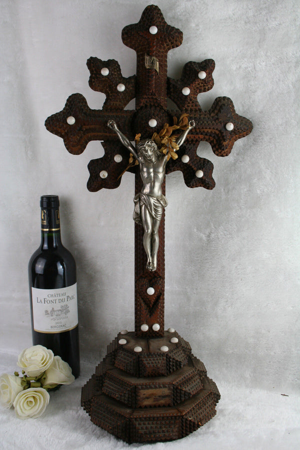 Antique XL  French 1900 Tramp art folkloric handwork crucifix religious