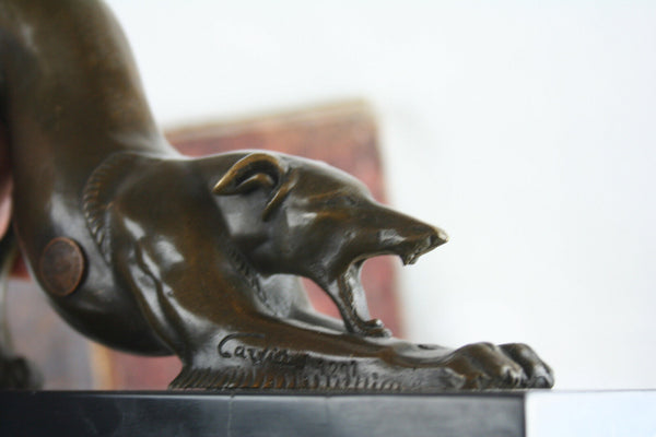 French BRONZE ART DECO signed CARVIN Stamped Greyhoud Whippet marble base