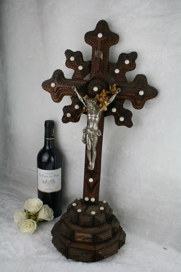 Antique XL  French 1900 Tramp art folkloric handwork crucifix religious