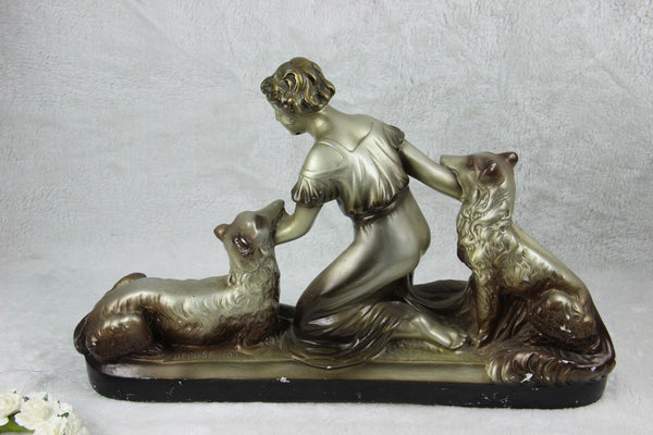 ART DECO Belgian chalkware lady with dogs sculpture statue 1930