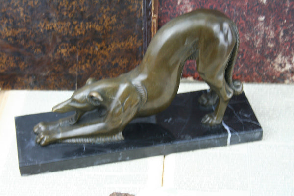 French BRONZE ART DECO signed CARVIN Stamped Greyhoud Whippet marble base