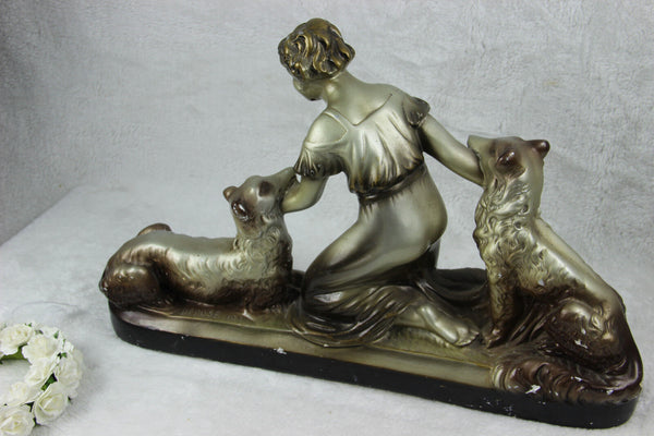 ART DECO Belgian chalkware lady with dogs sculpture statue 1930