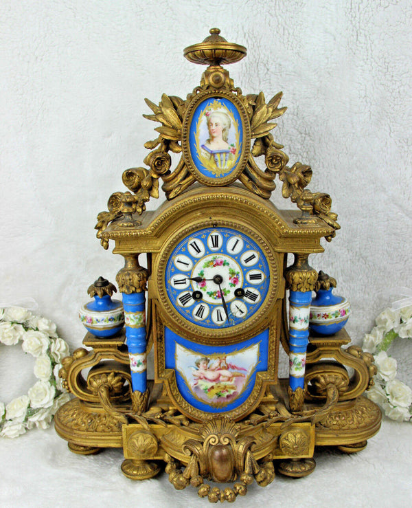 Antique XL 19thc Napoleon III sevres porcelain plaques putti marquise Clock rare