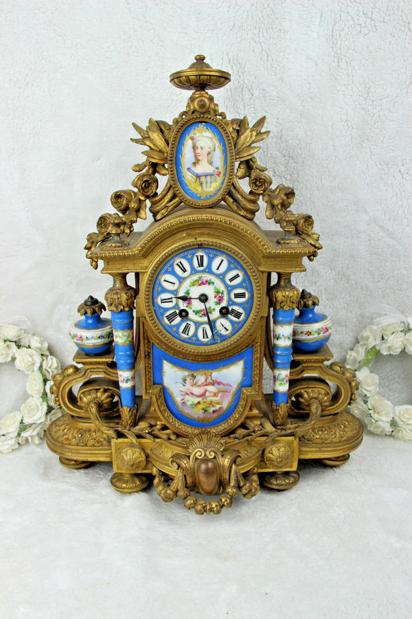 Antique XL 19thc Napoleon III sevres porcelain plaques putti marquise Clock rare